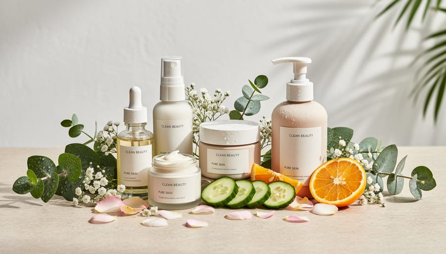 Skincare product bottles and cream jar placed next to aloe leaves, chamomile flowers, and citrus peels on a wooden surface