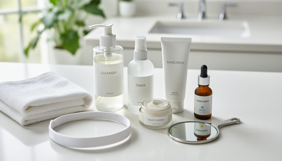 Skincare products and tools arranged neatly on a bathroom counter, including cleanser, moisturizer, and sunscreen.