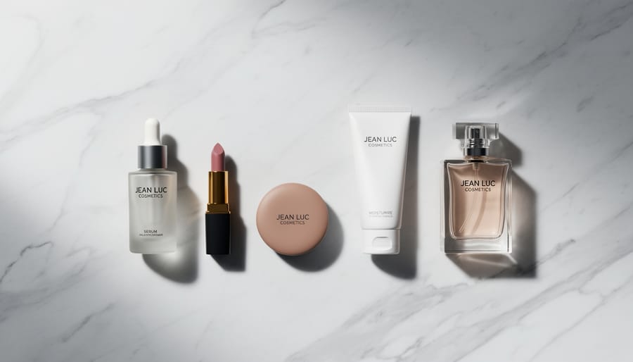 Skincare products arranged in a clean flat-lay on a marble surface