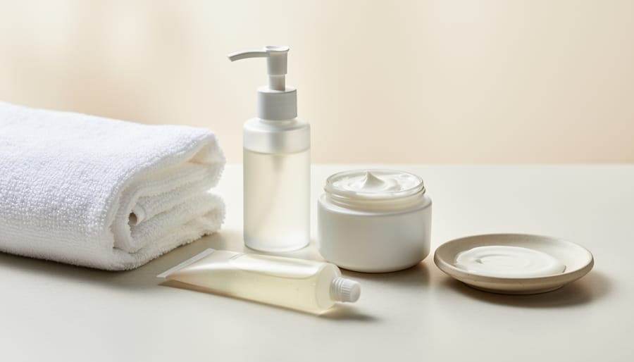 Skincare products including cream moisturizer, dropper bottle, and cotton pad on a clean countertop