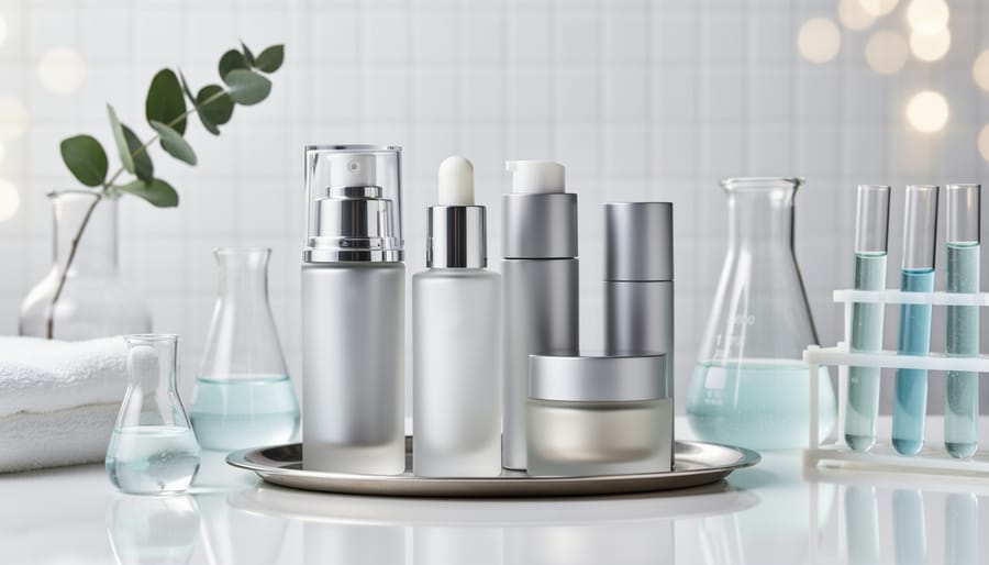 Skincare vanity scene with generic amber cosmetic bottles and a stainless spatula next to a folded lab coat
