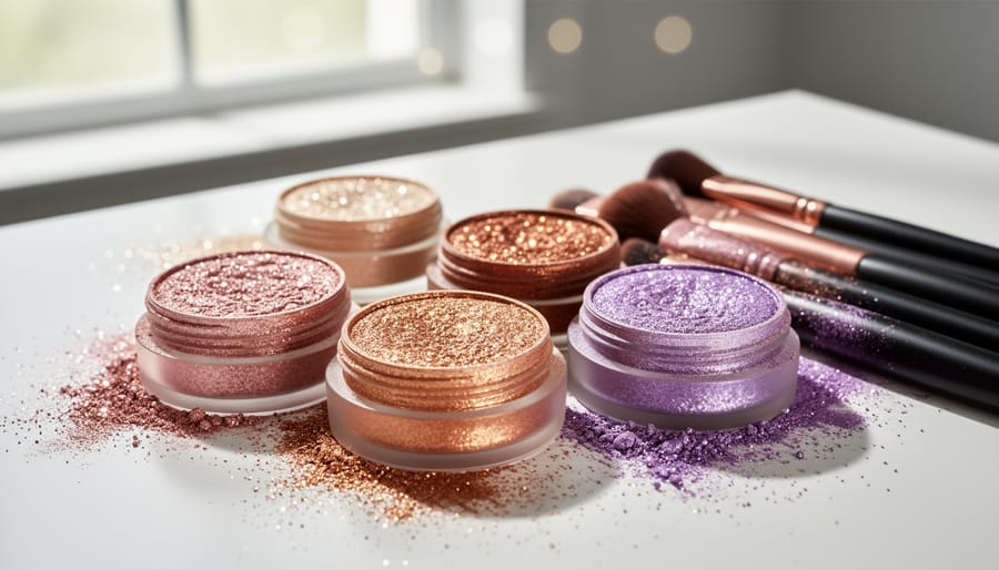 Sparkly pressed glitter and shimmer eyeshadow palettes arranged on a makeup vanity with jewel-toned colors.