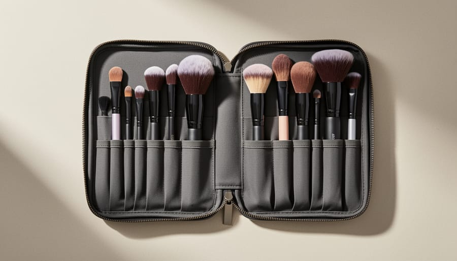 Top-down view of an opened makeup case with brushes arranged inside on a travel surface
