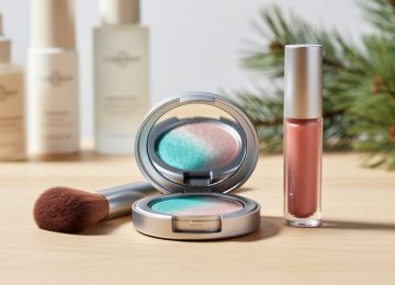 Open vegan makeup vanity kit with shimmering multichrome eyeshadow compact and lip gloss tube on a light oak surface, softly lit with iridescent teal and rose tones.