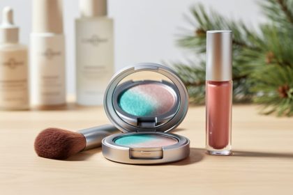 Open vegan makeup vanity kit with shimmering multichrome eyeshadow compact and lip gloss tube on a light oak surface, softly lit with iridescent teal and rose tones.