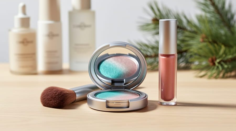 Open vegan makeup vanity kit with shimmering multichrome eyeshadow compact and lip gloss tube on a light oak surface, softly lit with iridescent teal and rose tones.