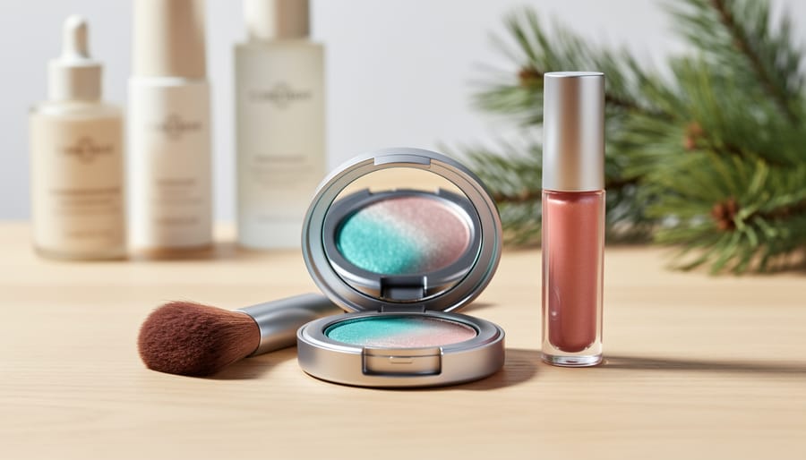 Open vegan makeup vanity kit with shimmering multichrome eyeshadow compact and lip gloss tube on a light oak surface, softly lit with iridescent teal and rose tones.