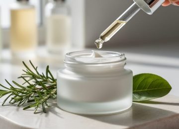 “Close-up of a frosted vegan retinol jar and dropper with fresh botanical sprigs on a light stone surface.”