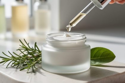 “Close-up of a frosted vegan retinol jar and dropper with fresh botanical sprigs on a light stone surface.”