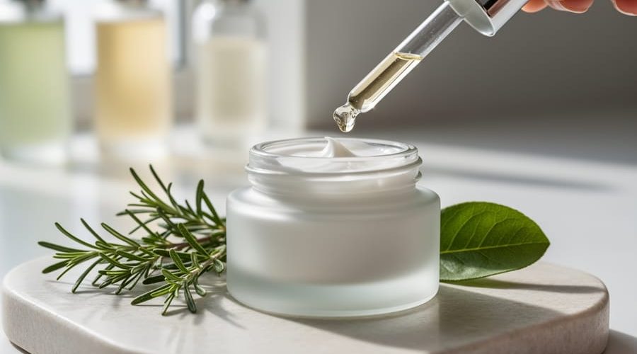 “Close-up of a frosted vegan retinol jar and dropper with fresh botanical sprigs on a light stone surface.”