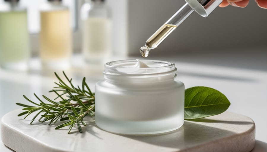 “Close-up of a frosted vegan retinol jar and dropper with fresh botanical sprigs on a light stone surface.”