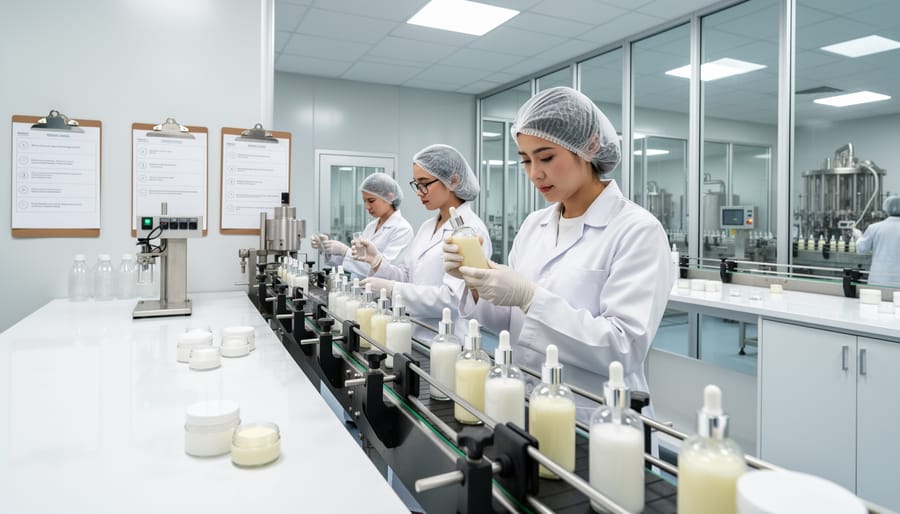 Wide view inside a modern cosmetics manufacturing facility with stainless-steel equipment and hygienic piping