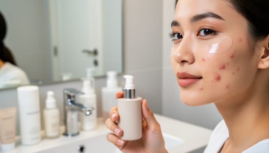Hands placing a hydrocolloid acne patch on a blemish on the cheek during a skincare routine