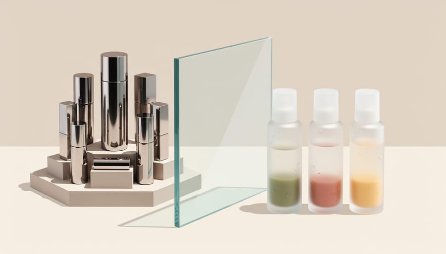 Symbolic still life of skincare packaging, clear plastic wrap, and blank notebook pages on a vanity surface