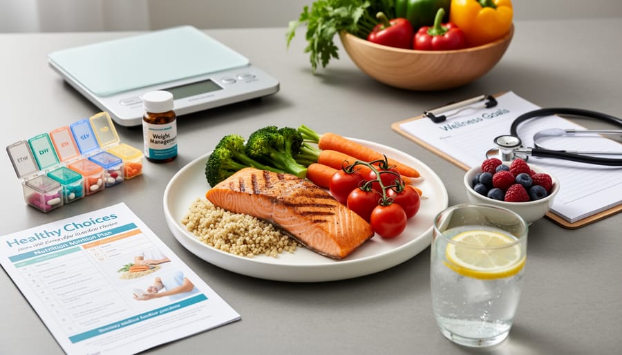Colorful healthy meal on a plate with vegetables and herbs on a kitchen counter