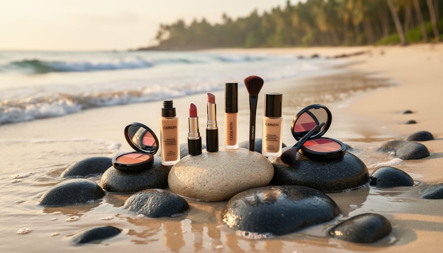 Close-up of a skincare and makeup bottle on a wet beach stone with water droplets and blurred ocean background