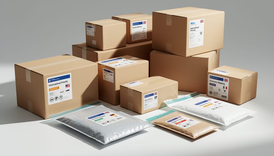 Empty shipping boxes and a folded mailer on a white tabletop representing delivery packaging.