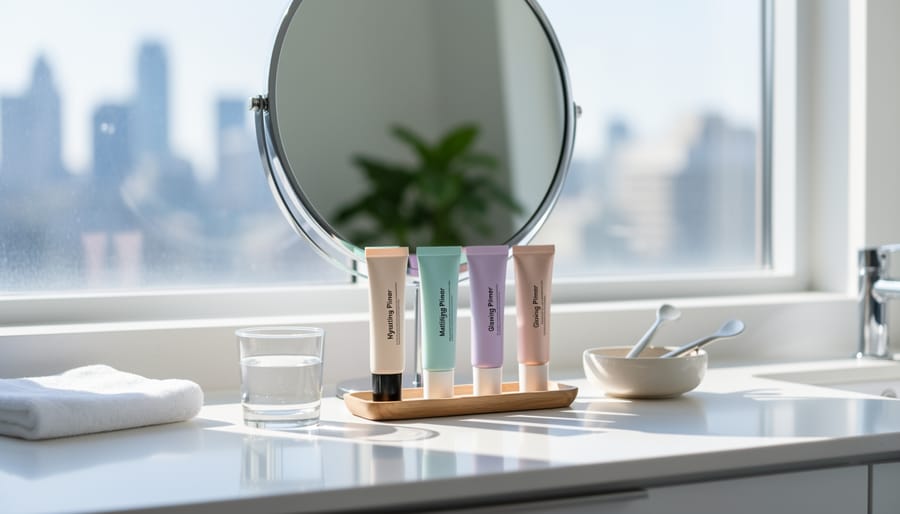 Makeup tools and skincare products arranged on a Canadian bathroom vanity beside a mirror