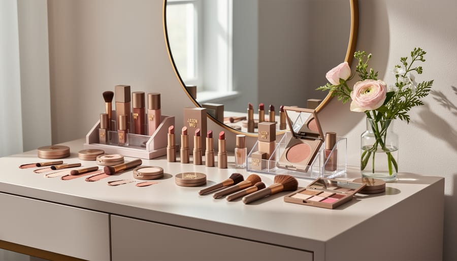 Makeup brush and blush products arranged on a clean modern vanity with soft florals
