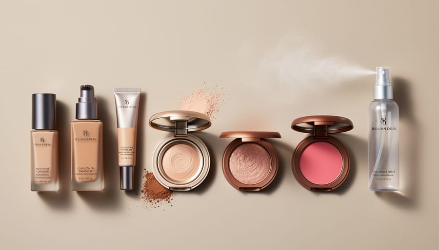 Cosmetic complexion products arranged together with soft glow lighting and blurred tools in the background