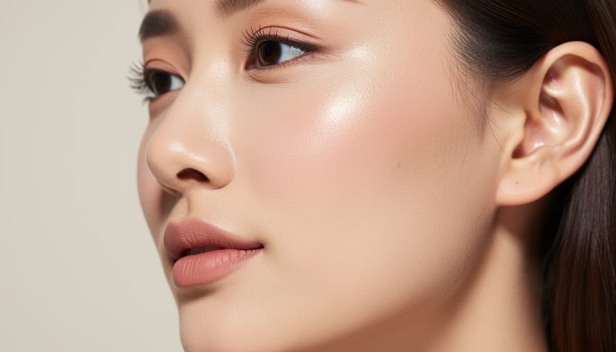 Close-up of a cheek and under-eye being blended with concealer using a soft makeup brush