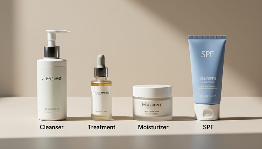 Four minimalist skincare products arranged on a ceramic tray, including cleanser, serum, moisturizer, and sunscreen.