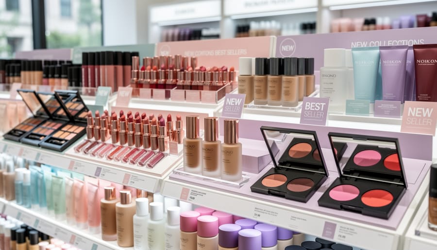 Colorful unbranded cosmetics arranged on a retail display counter under warm lights.