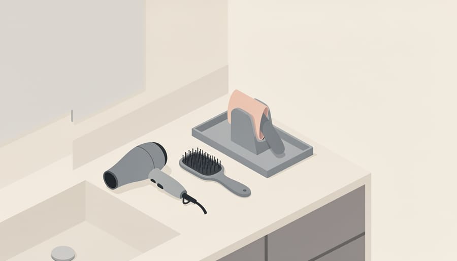 Revlon one-step hair dryer brush placed on a bathroom countertop next to a comb and hair clips.