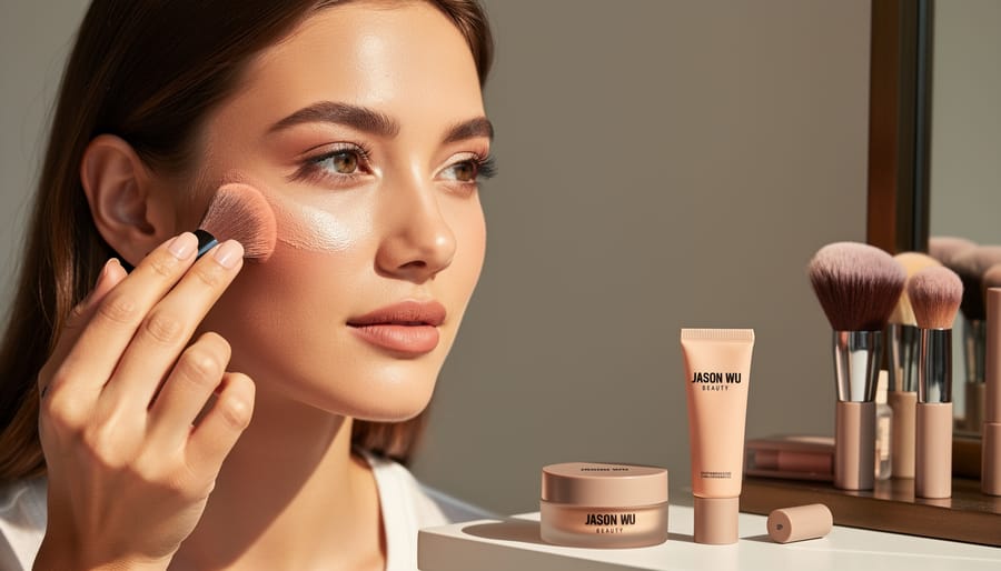 Model applying cream bronzer and blush to the cheek with a makeup brush