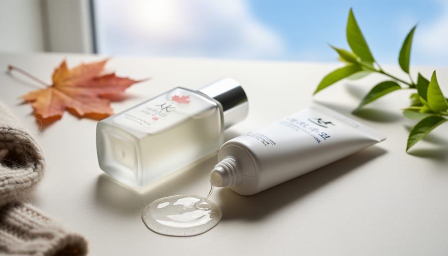 Close-up of a dewy sunscreen/serum texture on a fingertip with a styled dropper and frosted bathroom background.