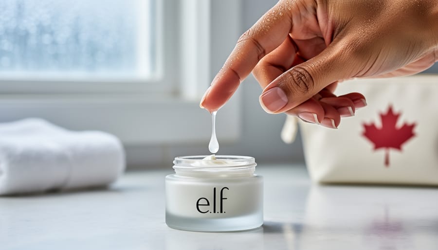Close-up of a skincare dropper releasing product onto dewy fingertips