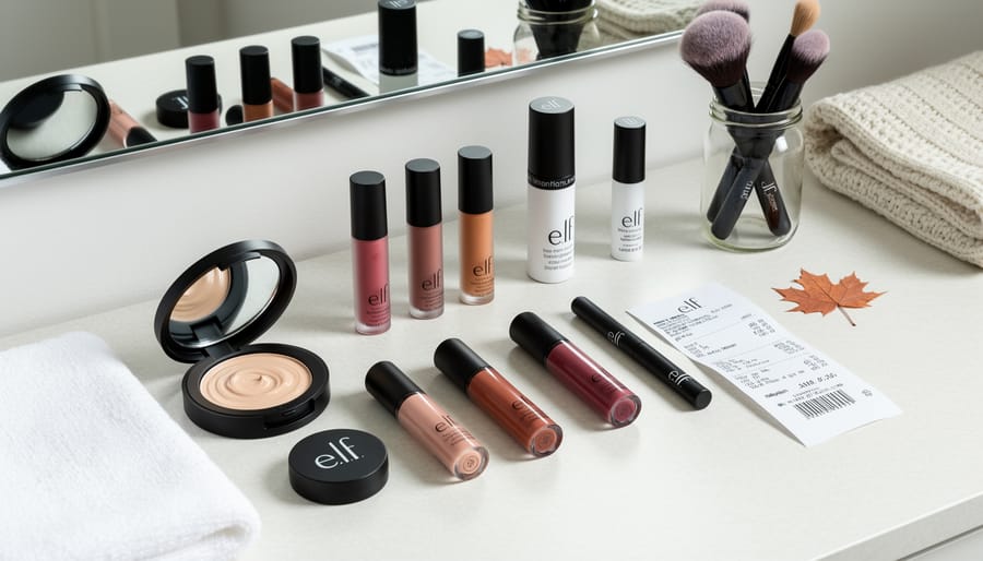 Flat-lay of makeup compact, small palette, lip product, and brushes on a light wood vanity surface