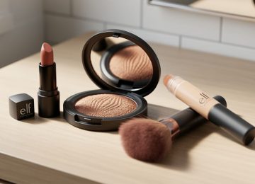 Flat-lay of makeup compact, lip product, concealer applicator, and brush on a light wood vanity in soft natural light.