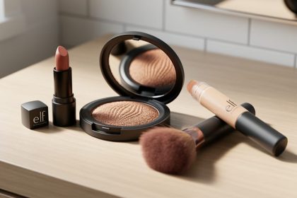 Flat-lay of makeup compact, lip product, concealer applicator, and brush on a light wood vanity in soft natural light.