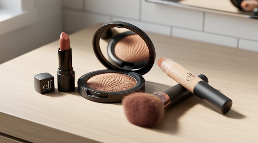 Flat-lay of makeup compact, lip product, concealer applicator, and brush on a light wood vanity in soft natural light.