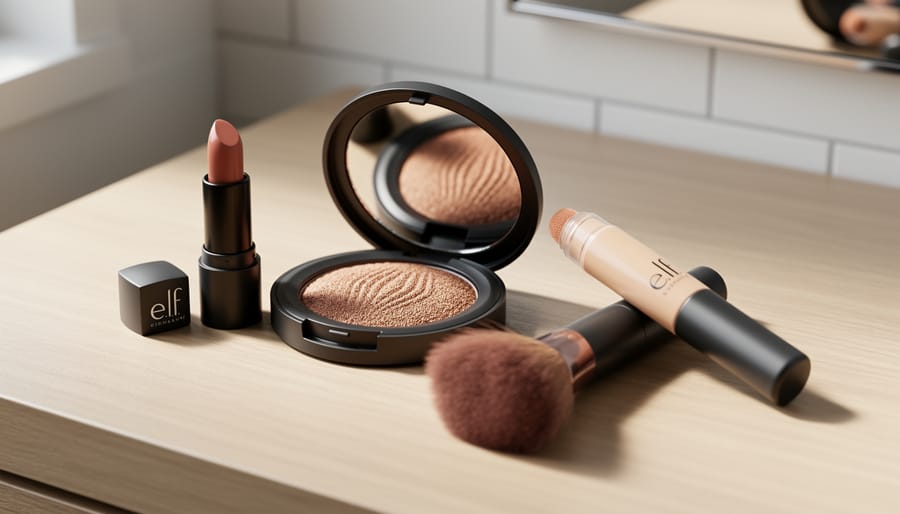 Flat-lay of makeup compact, lip product, concealer applicator, and brush on a light wood vanity in soft natural light.