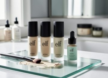 Close-up of several e.l.f. primer bottles and makeup tools arranged on a bathroom vanity with soft natural light and a blurred skincare background.