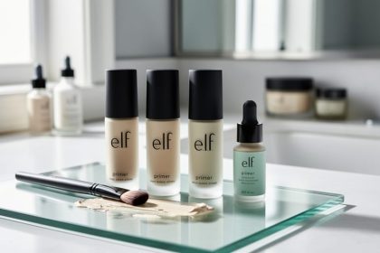 Close-up of several e.l.f. primer bottles and makeup tools arranged on a bathroom vanity with soft natural light and a blurred skincare background.