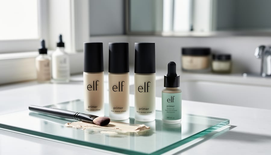 Close-up of several e.l.f. primer bottles and makeup tools arranged on a bathroom vanity with soft natural light and a blurred skincare background.