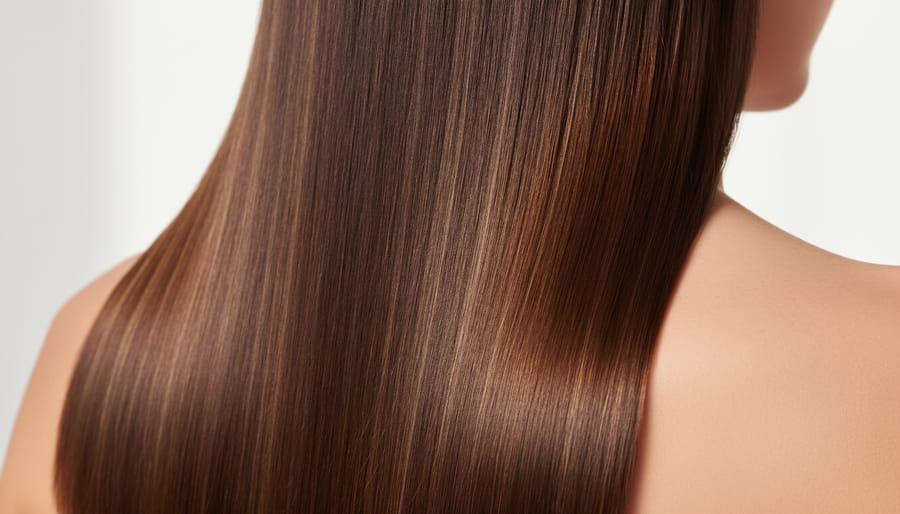 Person with glossy freshly styled hair showing shine and smooth texture