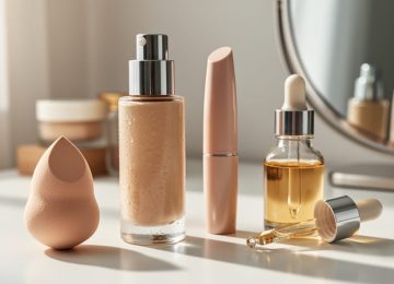 Luminous makeup foundation and concealer products styled with a skincare serum dropper and makeup sponge on a clean vanity under soft daylight.