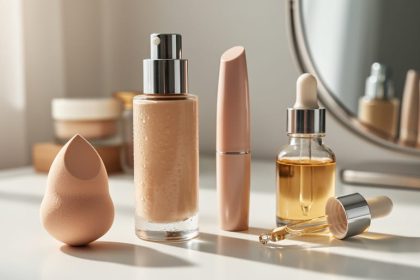 Luminous makeup foundation and concealer products styled with a skincare serum dropper and makeup sponge on a clean vanity under soft daylight.