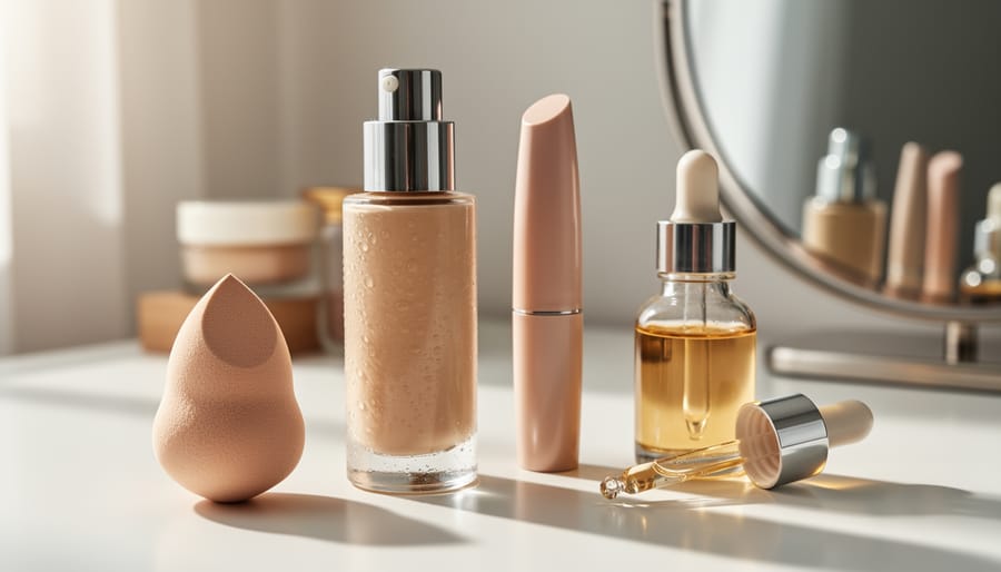 Luminous makeup foundation and concealer products styled with a skincare serum dropper and makeup sponge on a clean vanity under soft daylight.