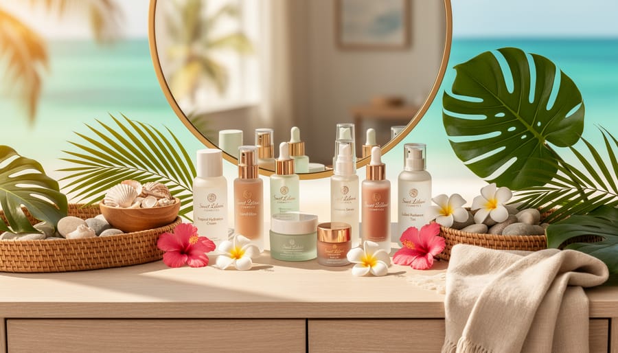 Island-inspired vanity arrangement with skincare jars, makeup brushes, sea salt, and a hibiscus bloom in soft daylight