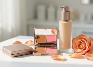 Close-up of blush and bronzer makeup and a skincare bottle on a clean white vanity with soft floral petals, styled for a modern affordable clean-beauty look.