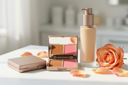 Close-up of blush and bronzer makeup and a skincare bottle on a clean white vanity with soft floral petals, styled for a modern affordable clean-beauty look.