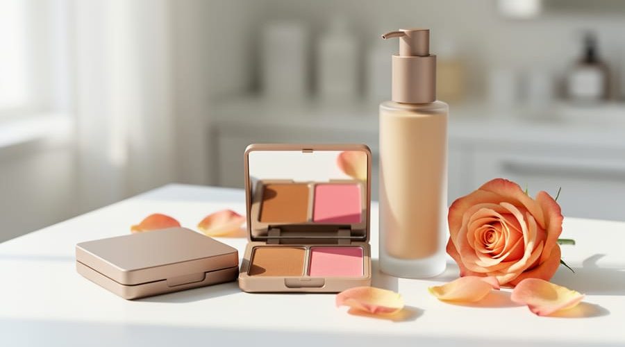 Close-up of blush and bronzer makeup and a skincare bottle on a clean white vanity with soft floral petals, styled for a modern affordable clean-beauty look.