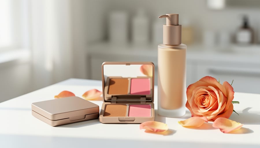Close-up of blush and bronzer makeup and a skincare bottle on a clean white vanity with soft floral petals, styled for a modern affordable clean-beauty look.