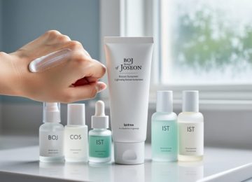 A person applying lightweight sunscreen from a tube onto the back of their hand beside Korean skincare products on a clean bathroom counter.
