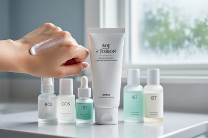 A person applying lightweight sunscreen from a tube onto the back of their hand beside Korean skincare products on a clean bathroom counter.